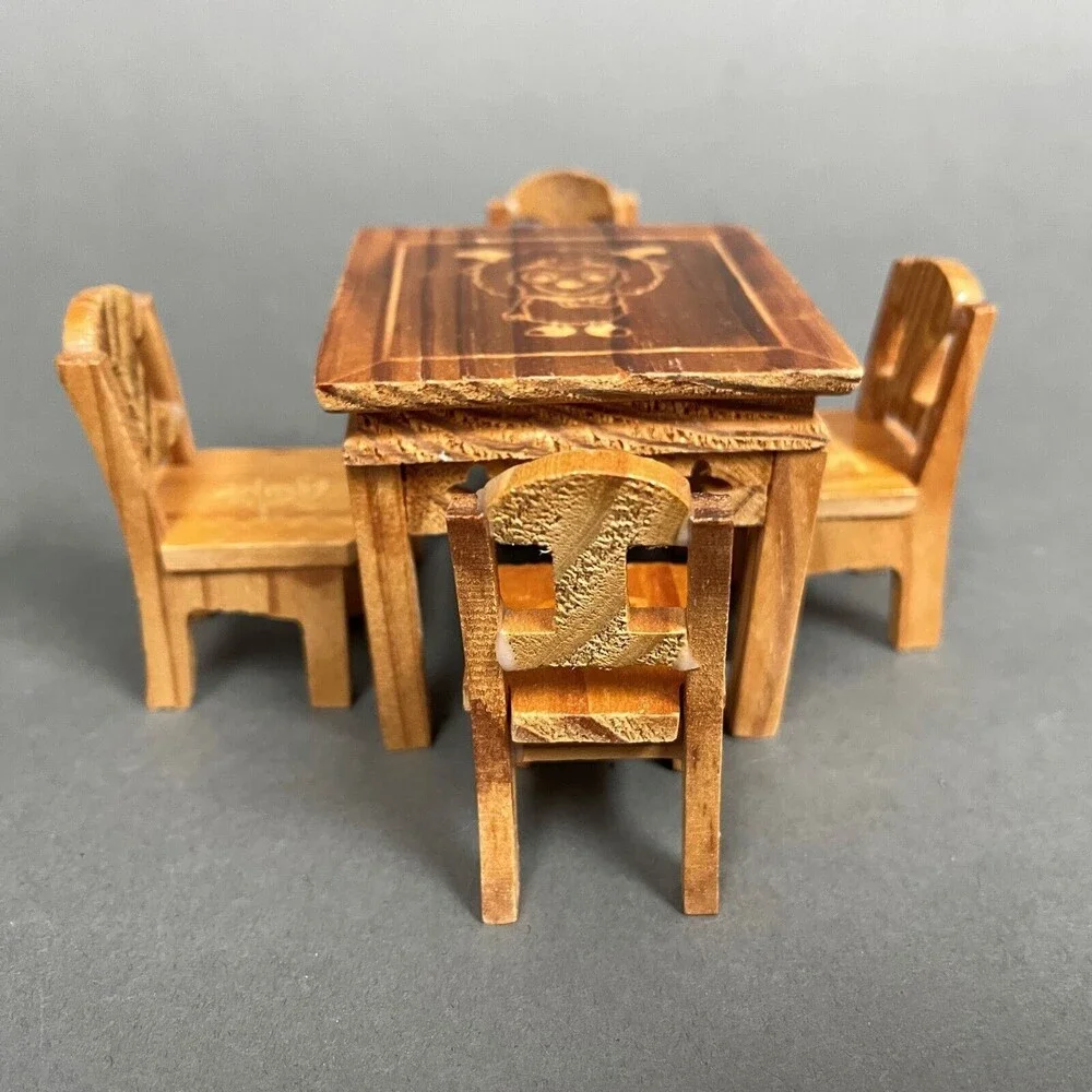 Wooden Dining Table with 4 Chairs Brown Doll House Toy Furniture Lot of‎ 5